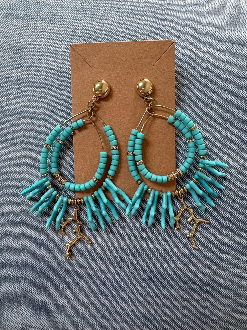 Turquoise Beaded Hoop Earrings with Gold Coral Accent